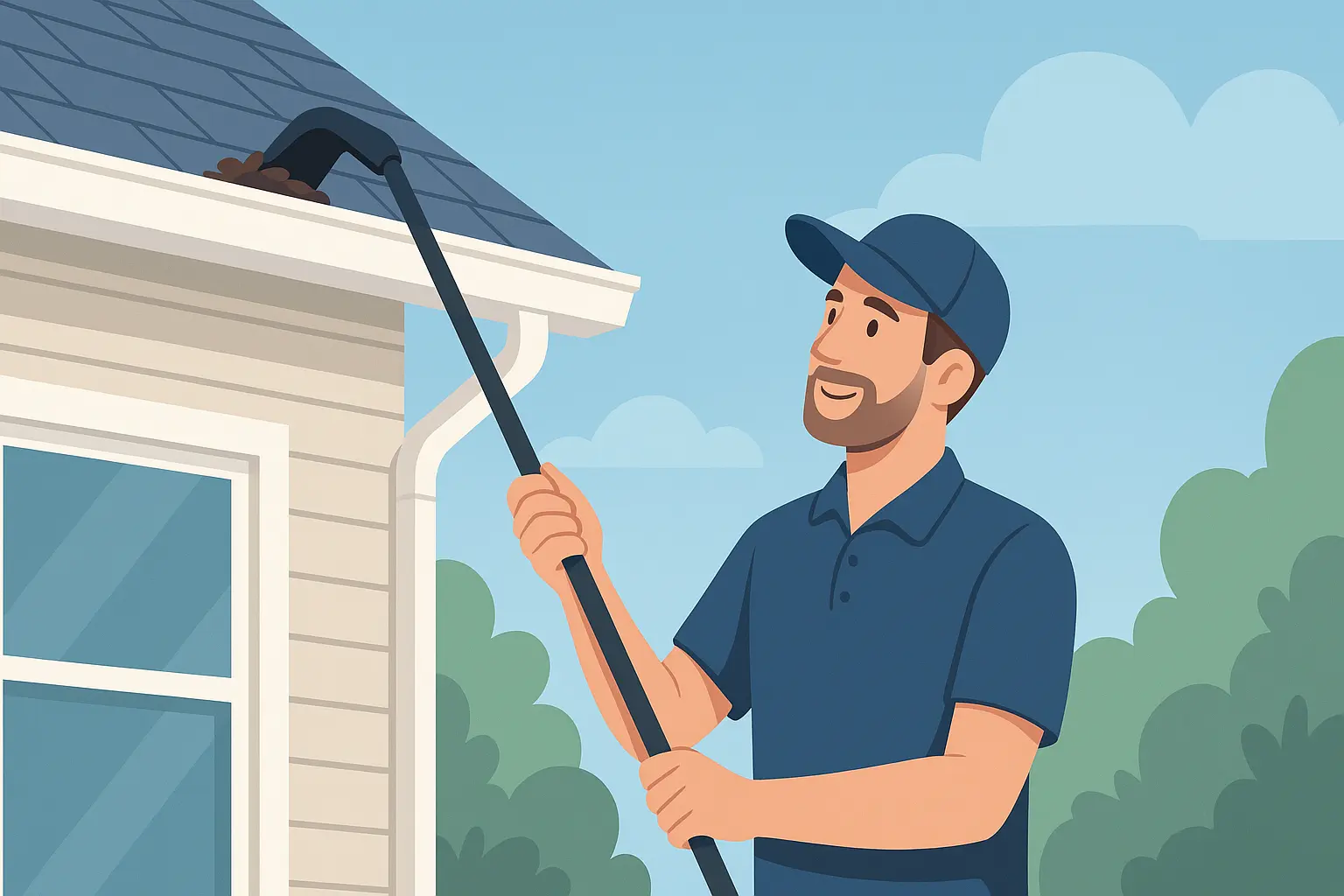 Technician clearing debris from house gutters